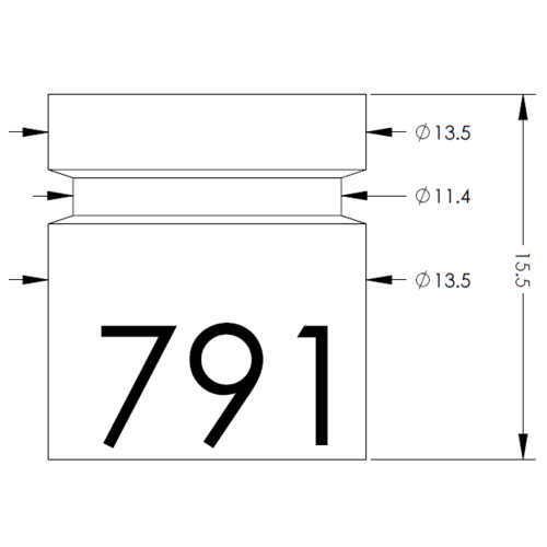 Technical drawing of a capped bottle-like container with a large '791' on the body; dimensions show top diameter 13.5, mid 11.4, bottom 13.5, total height 15.5.