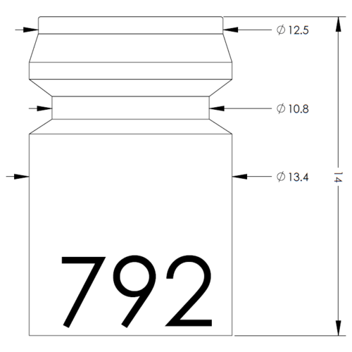 Technical drawing of a bottle with a threaded neck; labeled diameters 12.5, 10.8, 13.4 mm and height 141 mm; large '792' on the label.