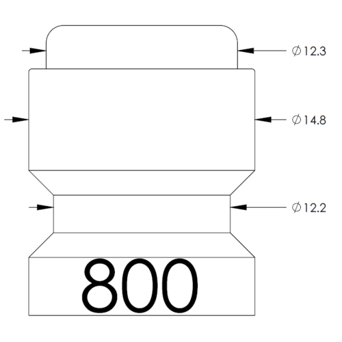 Technical drawing of a stepped cylindrical component with a rounded top, flared mid sections, and a bottom block; outer diameters annotated: Ø12.3 at the top, Ø14.8 at the mid section, Ø12.2 at the lower mid section, and a large '800' on the bottom face.