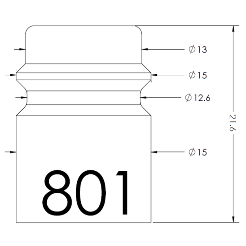 Technical drawing of a bottle with a rounded cap, showing overall height 21.6 units and diameters: neck Ø13, shoulder Ø15, mid Ø12.6, and body Ø15; the bottle front is labeled '801'.
