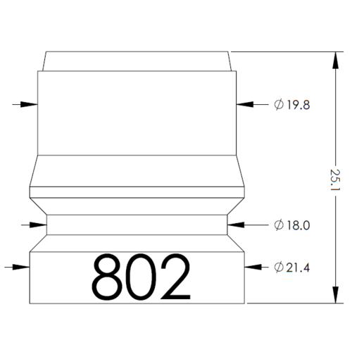 Front view of a stepped cylindrical part with three diameters (Ø19.8, Ø18.0, Ø21.4) and '802' on the base.