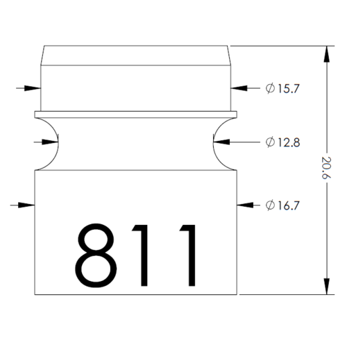 Technical drawing of a stepped cylindrical part with two recesses; diameters Ø15.7, Ø12.8, Ø16.7 and height 20.6; '811' on the lower block.
