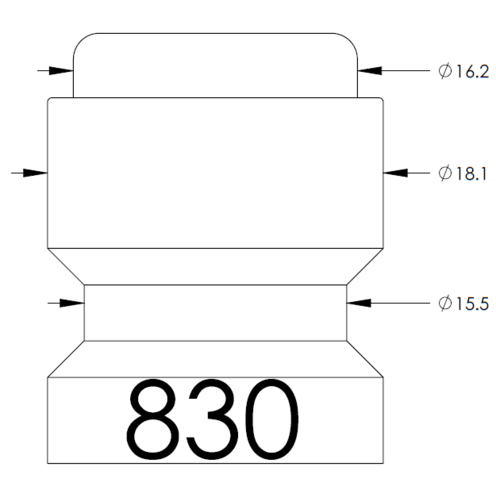 Technical drawing of a stepped cylindrical component with three diameters: Ø16.2 at the top, Ø18.1 in the middle, and Ø15.5 at the lower section, plus a large '830' label on the bottom block.