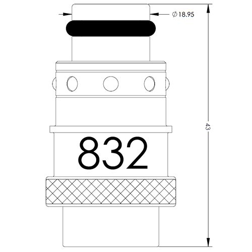 Cylindrical mechanical component with a knurled bottom, side holes, and a top black seal; body is labeled 832 with overall height dimension shown (235 units).
