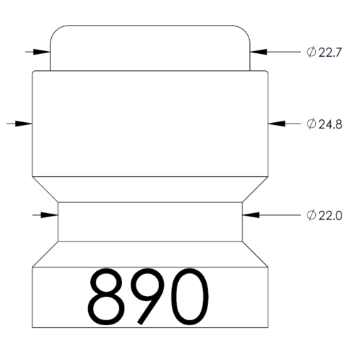 Technical illustration of a stepped cylindrical component with three diameters: Ø22.7, Ø24.8, Ø22.0; base labeled 890.