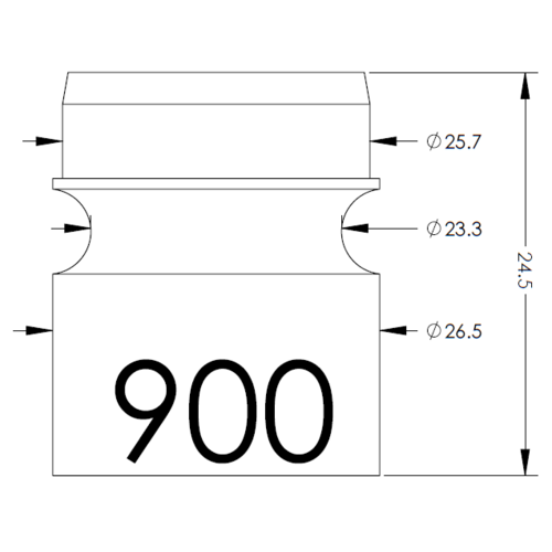 Technical drawing of a stepped cylindrical part with three diameters (25.7, 23.3, 26.5 mm) and total height 24.5 mm; front face shows the number 900.