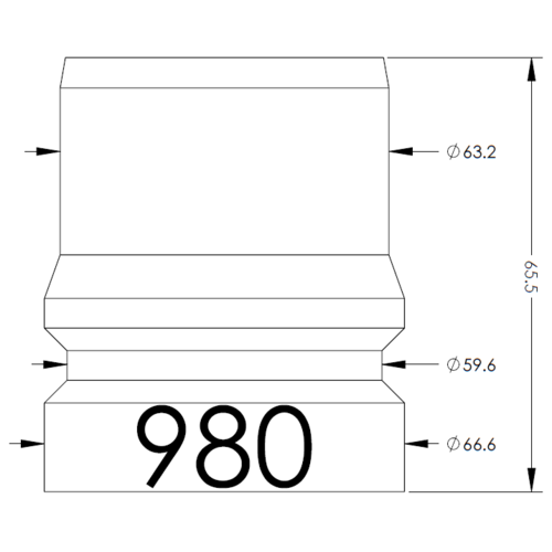 Engineering drawing of a stepped cylindrical part with three diameter features: Ø63.2 mm, Ø59.6 mm, and Ø66.6 mm, and overall height 65.5 mm; the base is labeled with the number 980.