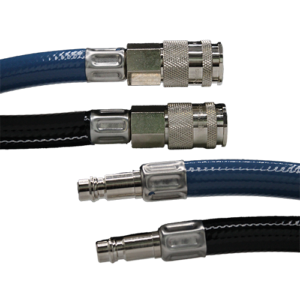Close-up of four braided hydraulic hoses with metal fittings, two blue and two black, laid diagonally together.