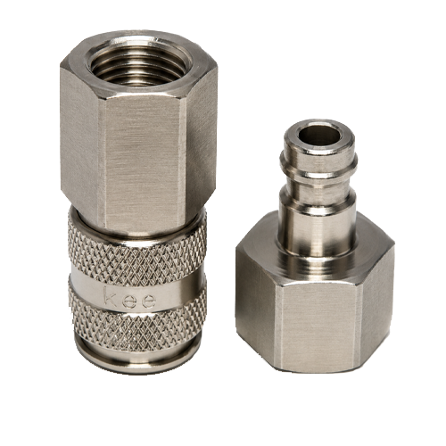 Kee-053-Series-Main Two stainless steel pipe fittings: a large hex nut with a knurled collar on the left and a smaller hex-based adapter with a stepped connector on the right.