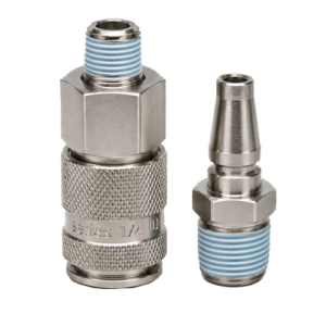 Two metal RF coaxial adapters with blue threaded ends, one large with a knurled grip and the other smaller, shown against a white background