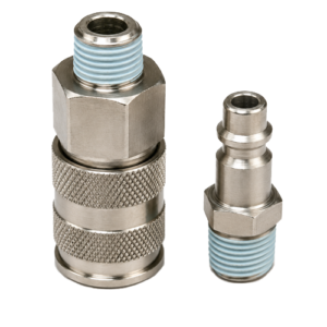 Two metal compression fittings with blue-threaded ends: a larger knurled adapter and a smaller connector, used to join tubes or hoses