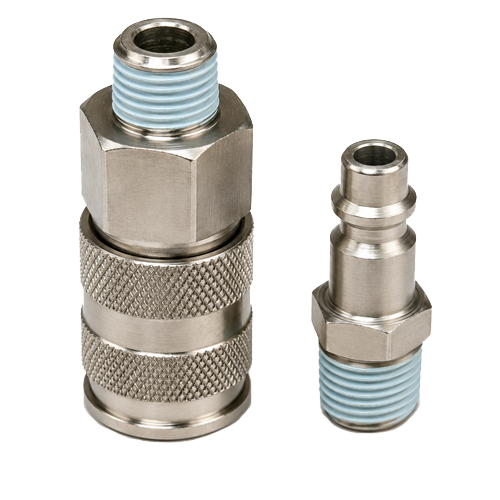 Kee-055-Series-Main Two metal compression fittings with blue-threaded ends: a larger knurled adapter and a smaller connector, used to join tubes or hoses