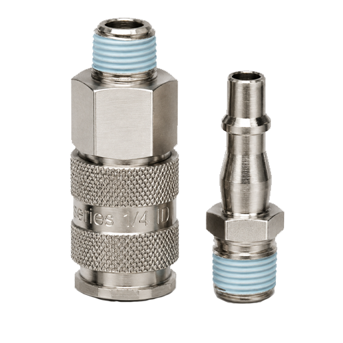Two metal compression fittings with blue seals, a larger coupling on the left and a male plug on the right.