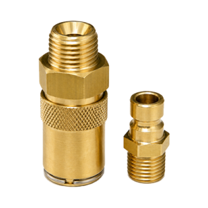 Two brass compression fittings: a large male-threaded adapter with knurled grip and a smaller matching connector beside it, used to join tubing or hoses.