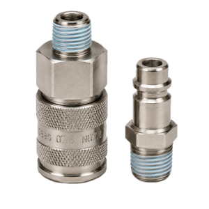 Two stainless steel quick-connect fittings: a larger knurled adapter with a blue threaded end and a smaller matching plug with blue threads.