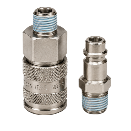 Two stainless steel quick-connect fittings: a larger knurled adapter with a blue threaded end and a smaller matching plug with blue threads.