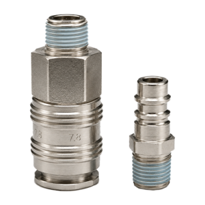 Two metal hydraulic/pneumatic fittings with blue-threaded ends, a larger coupling on the left and a smaller adapter on the right, both showing hex shapes and ridged bands for grip.