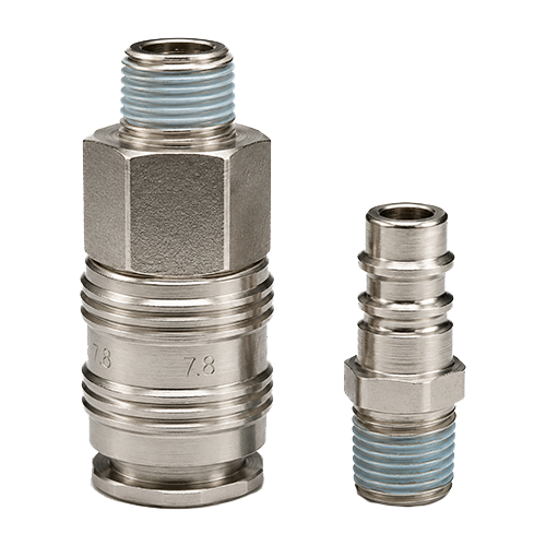 Two metal hydraulic/pneumatic fittings with blue-threaded ends, a larger coupling on the left and a smaller adapter on the right, both showing hex shapes and ridged bands for grip.