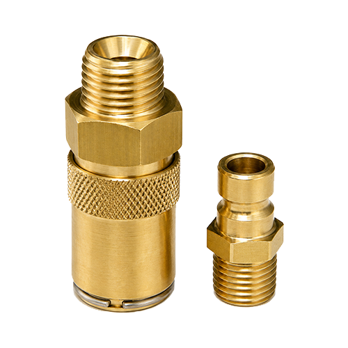 Kee-091-Series-Main Two brass compression adapters with male and female threaded ends, one larger with knurled grip.