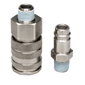 Two metal quick-connect fittings/adapters for hoses, one large with knurled grip and blue-threaded end, and a smaller matching piece nearby.