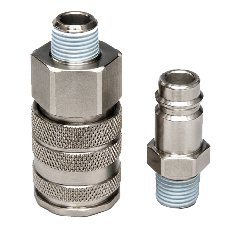Kee-100-Series-Main Two metal quick-connect fittings/adapters for hoses, one large with knurled grip and blue-threaded end, and a smaller matching piece nearby.