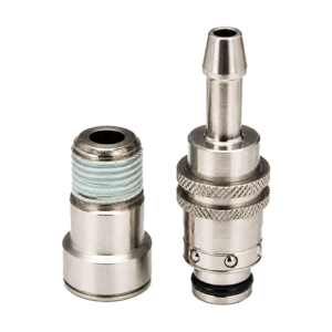 Two silver metal connectors/adapters for coaxial cables, one with a threaded female end and gasket, the other with a knurled locking plug side.