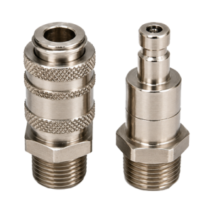 Two metal hydraulic/pneumatic quick-connect fittings with knurled grips and threaded bases on a white background.