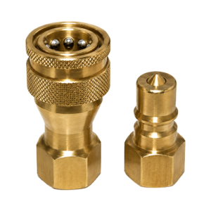 Two brass quick-connect air hose fittings, a knurled coupler with balls and a matching plug, on a white background.