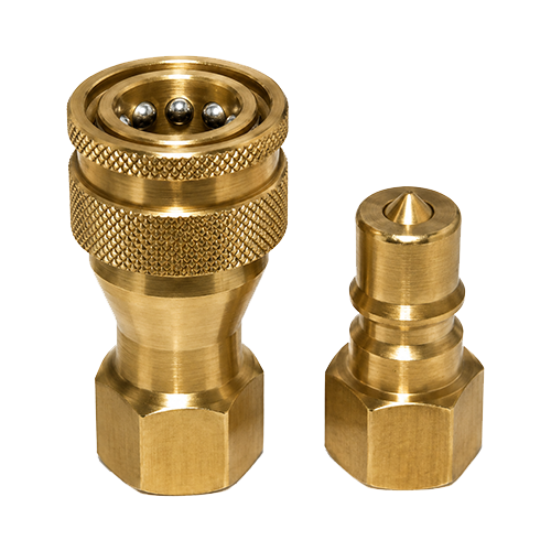 Kee-343-Series-Main Two brass quick-connect air hose fittings, a knurled coupler with balls and a matching plug, on a white background.