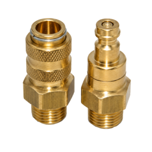 Two brass compression fittings with knurled grip and threaded ends, shown side by side as plumbing adapters