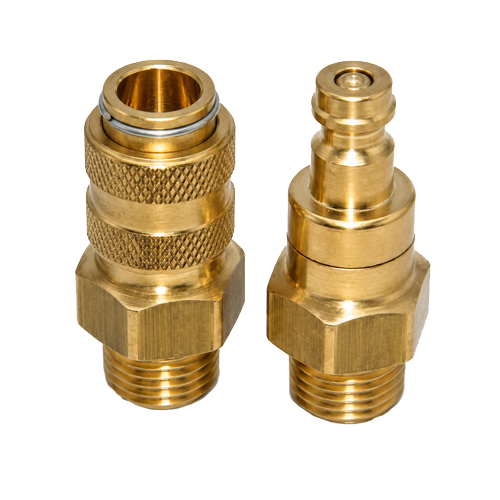 Two brass compression fittings with knurled grip and threaded ends, shown side by side as plumbing adapters