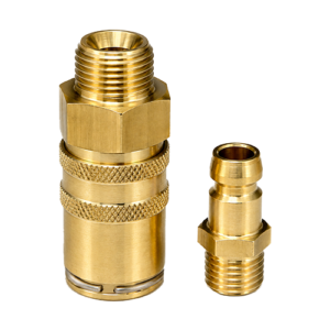 Two brass quick-connect fittings with threaded ends, one large knurled coupling and a smaller counterpart for pneumatic hoses.