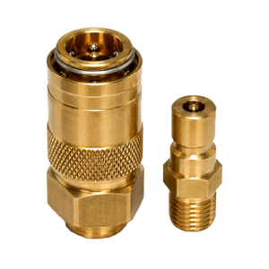 Pair of brass compression fittings with knurled nut and threaded end for tubing connection