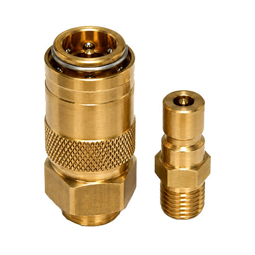 Kee-359-Series-Main Pair of brass compression fittings with knurled nut and threaded end for tubing connection