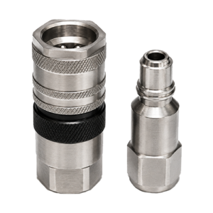 Two stainless steel quick-connect hose fittings, one larger coupling with knurled grip and a smaller plug beside it.