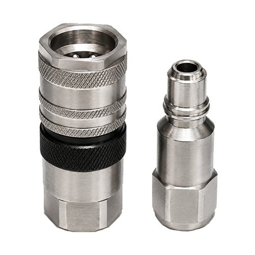 Two stainless steel quick-connect hose fittings, one larger coupling with knurled grip and a smaller plug beside it.