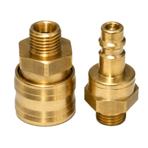 Two brass hydraulic adapters with threaded ends and hexagonal nuts on a white background.