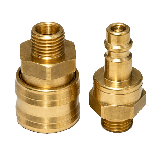 Kee-372-Series-Main Two brass hydraulic adapters with threaded ends and hexagonal nuts on a white background.