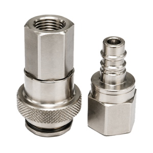 Two metal compression fittings with hexagonal nuts and knurled collar on a white background.