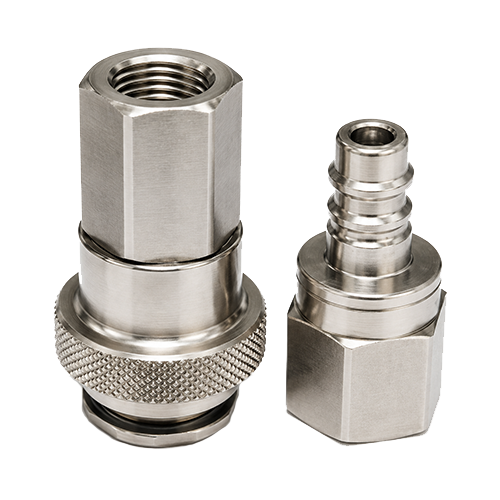 Kee-373-Series-Main Two metal compression fittings with hexagonal nuts and knurled collar on a white background.