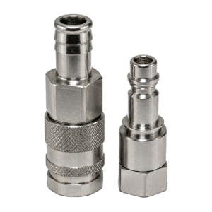 Two metal quick-connect fittings (one large with knurled grip, one smaller) on a white background.
