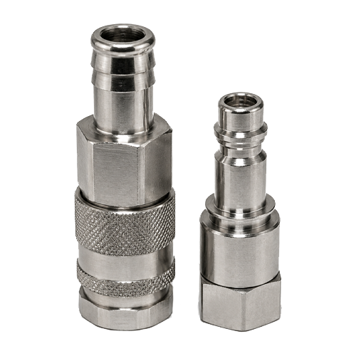 Two metal quick-connect fittings (one large with knurled grip, one smaller) on a white background.
