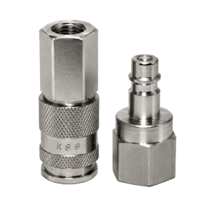 Two stainless steel quick-connect fittings: a knurled, female coupling on the left and a male plug on the right for pneumatic/hydraulic connections.