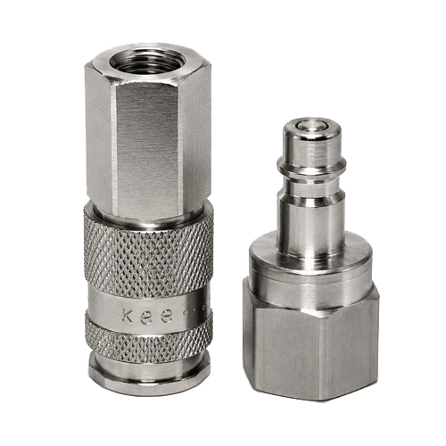 Kee-375-Series-Main Two stainless steel quick-connect fittings: a knurled, female coupling on the left and a male plug on the right for pneumatic/hydraulic connections.