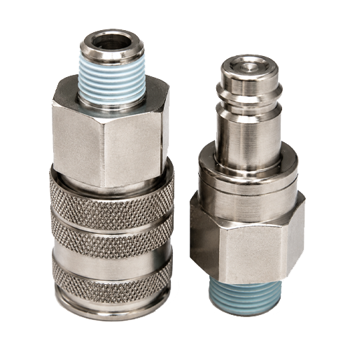Two metal bulkhead-style connector fittings with hex nuts and knurled grip, featuring blue threaded ends (one larger, one smaller).