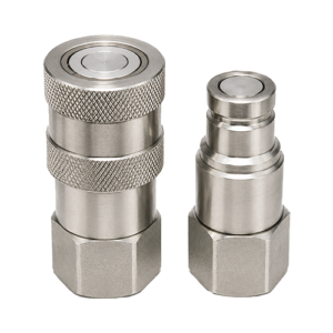 Two metallic quick-connect fittings (air hose couplers) with knurled grip and hex bases, shown side by side against a white background.
