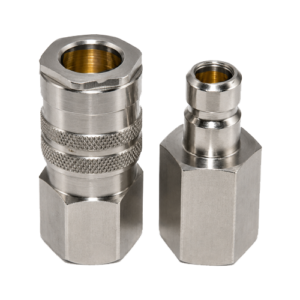 Two silver metal compression fittings with hex bases; one is disassembled, showing threaded interiors.