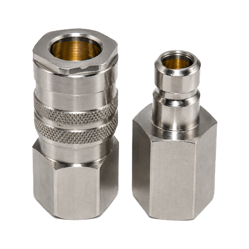 Two silver metal compression fittings with hex bases; one is disassembled, showing threaded interiors.