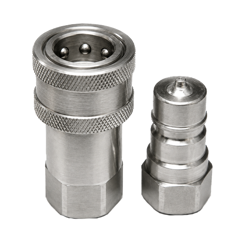Kee-428-Series-Main Two metal quick-connect couplings (one female socket on the left and one male plug on the right) with knurled grips, shown in close-up, stainless steel.