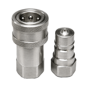 Two metal circular electrical connectors (one female receptacle on the left, one male plug on the right) with knurled grips and hexagonal bases.